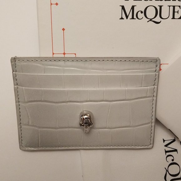 Alexander McQueen Skull Croc Embossed Leather Card Holder Ombre Gray - Picture 2 of 7